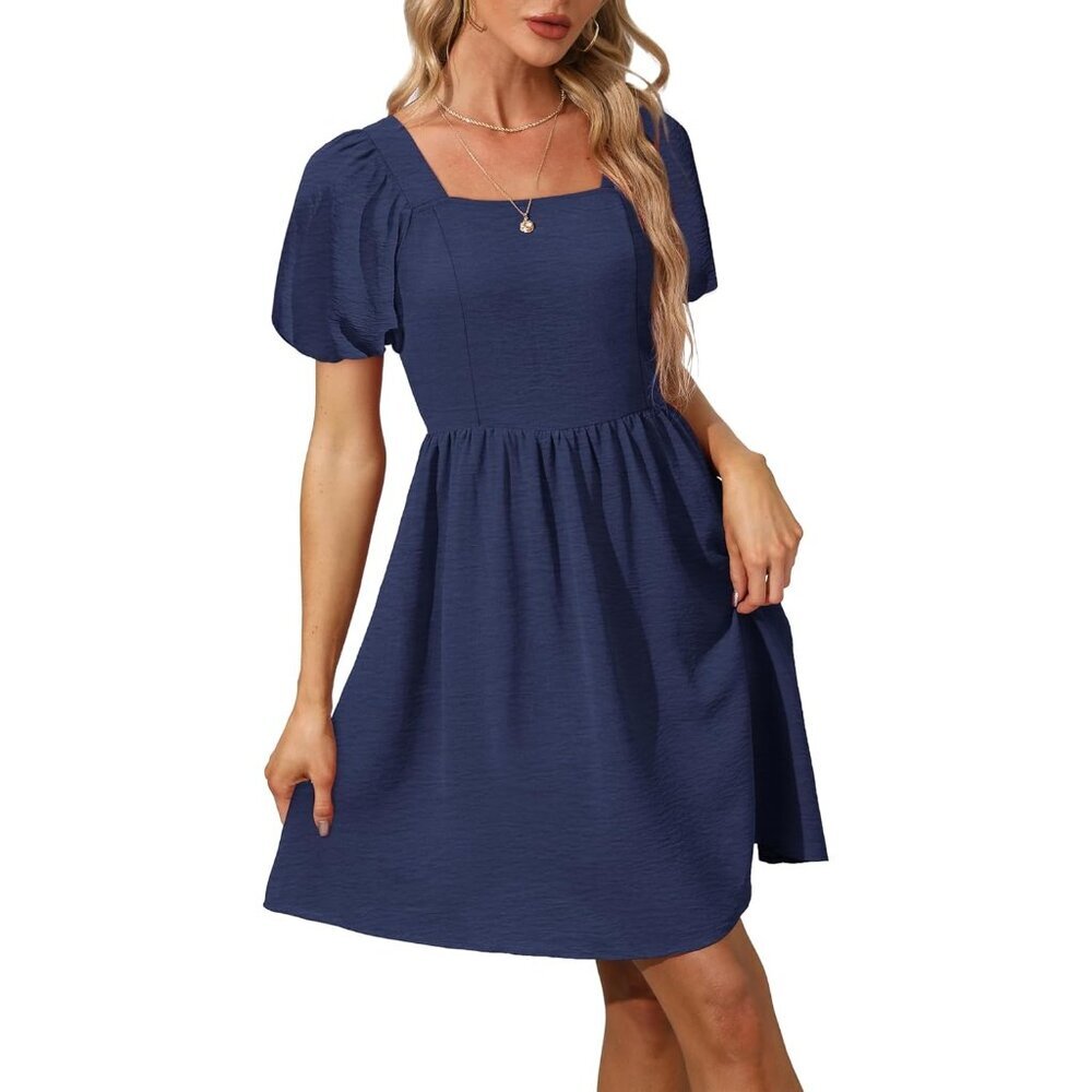 Ofeefan Women Navy Blue Puff Sleeve Square Neck Tie in Back Dresses with Zipper - Picture 3 of 5